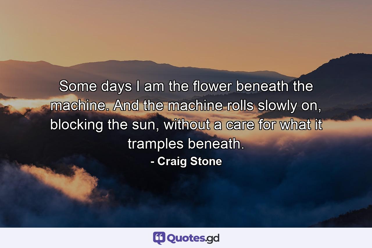 Some days I am the flower beneath the machine. And the machine rolls slowly on, blocking the sun, without a care for what it tramples beneath. - Quote by Craig Stone