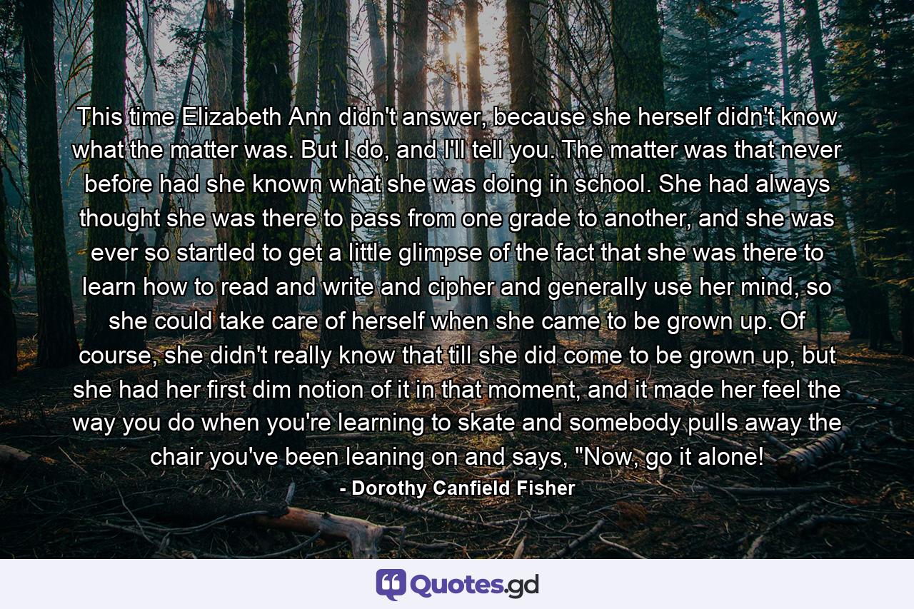 This time Elizabeth Ann didn't answer, because she herself didn't know what the matter was. But I do, and I'll tell you. The matter was that never before had she known what she was doing in school. She had always thought she was there to pass from one grade to another, and she was ever so startled to get a little glimpse of the fact that she was there to learn how to read and write and cipher and generally use her mind, so she could take care of herself when she came to be grown up. Of course, she didn't really know that till she did come to be grown up, but she had her first dim notion of it in that moment, and it made her feel the way you do when you're learning to skate and somebody pulls away the chair you've been leaning on and says, 