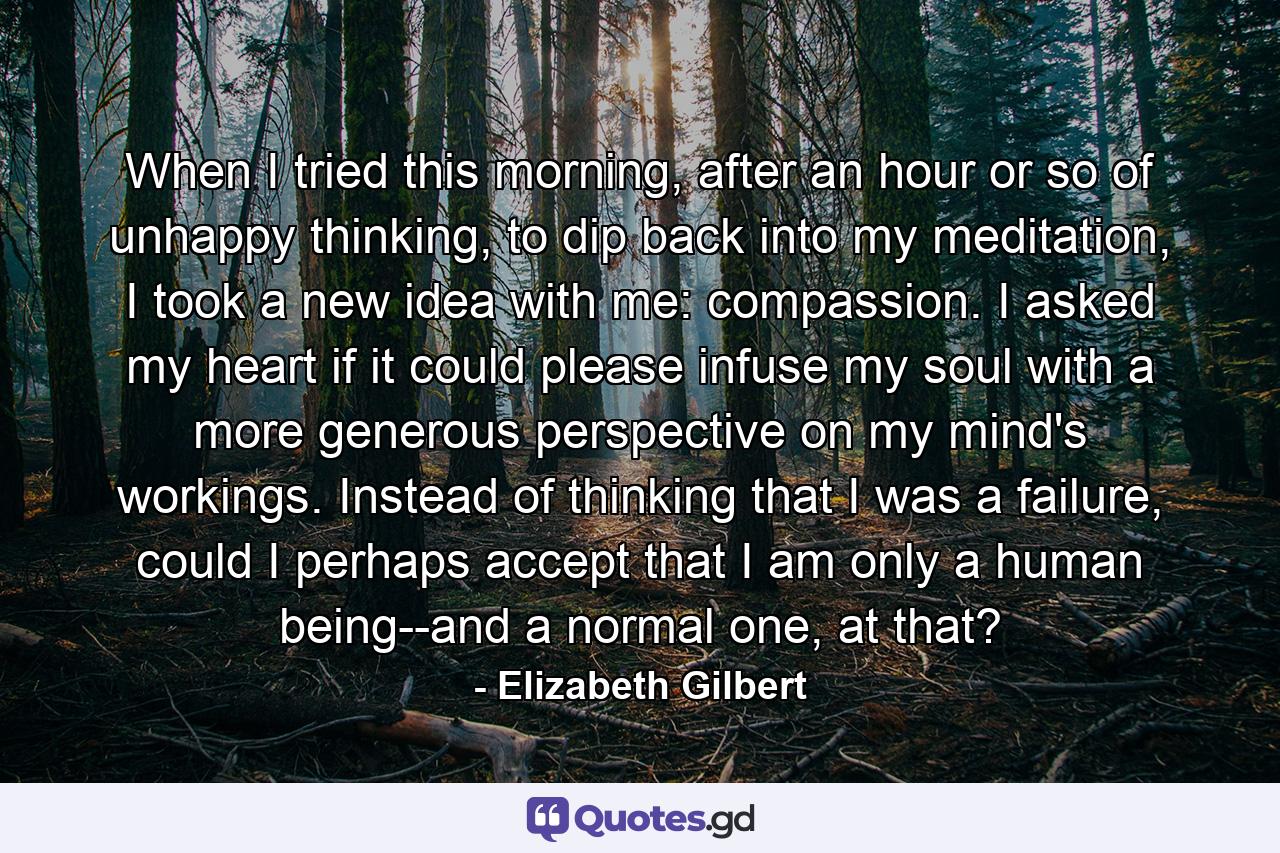 When I tried this morning, after an hour or so of unhappy thinking, to dip back into my meditation, I took a new idea with me: compassion. I asked my heart if it could please infuse my soul with a more generous perspective on my mind's workings. Instead of thinking that I was a failure, could I perhaps accept that I am only a human being--and a normal one, at that? - Quote by Elizabeth Gilbert