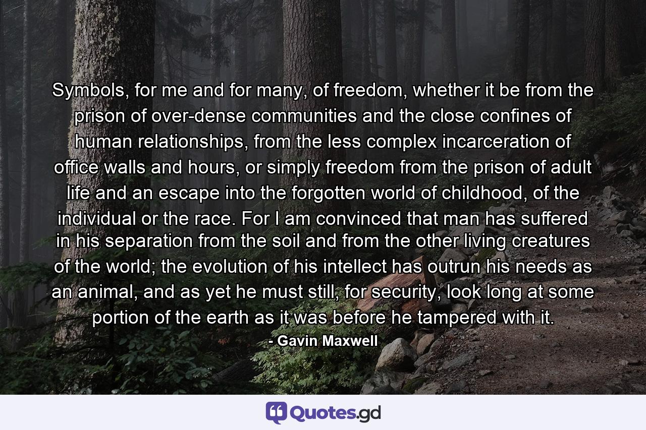 Symbols, for me and for many, of freedom, whether it be from the prison of over-dense communities and the close confines of human relationships, from the less complex incarceration of office walls and hours, or simply freedom from the prison of adult life and an escape into the forgotten world of childhood, of the individual or the race. For I am convinced that man has suffered in his separation from the soil and from the other living creatures of the world; the evolution of his intellect has outrun his needs as an animal, and as yet he must still, for security, look long at some portion of the earth as it was before he tampered with it. - Quote by Gavin Maxwell