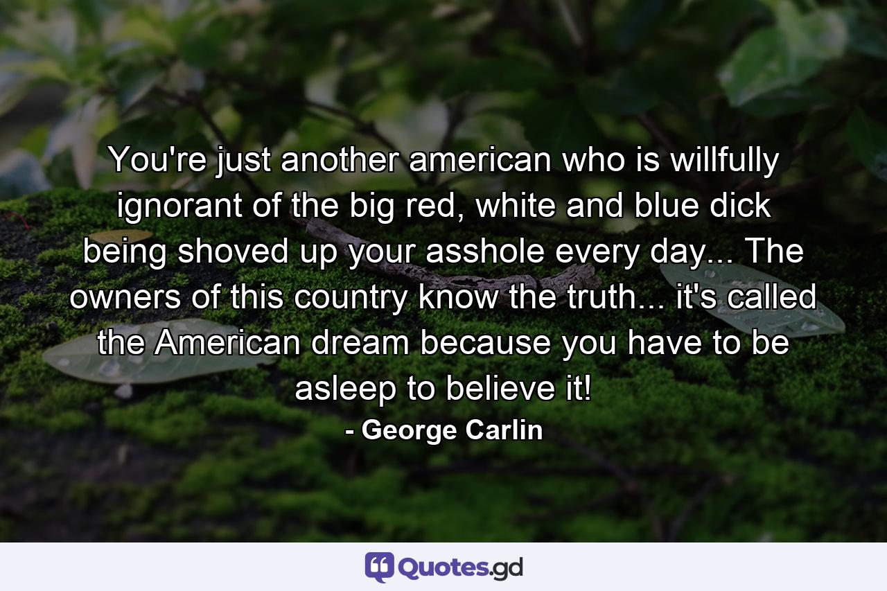 You're just another american who is willfully ignorant of the big red, white and blue dick being shoved up your asshole every day... The owners of this country know the truth... it's called the American dream because you have to be asleep to believe it! - Quote by George Carlin