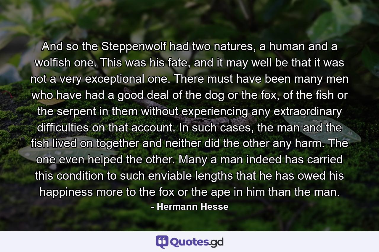 And so the Steppenwolf had two natures, a human and a wolfish one. This was his fate, and it may well be that it was not a very exceptional one. There must have been many men who have had a good deal of the dog or the fox, of the fish or the serpent in them without experiencing any extraordinary difficulties on that account. In such cases, the man and the fish lived on together and neither did the other any harm. The one even helped the other. Many a man indeed has carried this condition to such enviable lengths that he has owed his happiness more to the fox or the ape in him than the man. - Quote by Hermann Hesse