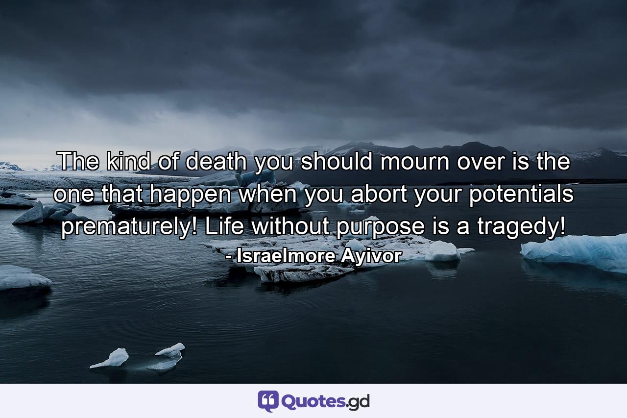 The kind of death you should mourn over is the one that happen when you abort your potentials prematurely! Life without purpose is a tragedy! - Quote by Israelmore Ayivor