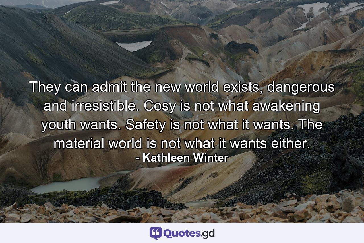 They can admit the new world exists, dangerous and irresistible. Cosy is not what awakening youth wants. Safety is not what it wants. The material world is not what it wants either. - Quote by Kathleen Winter