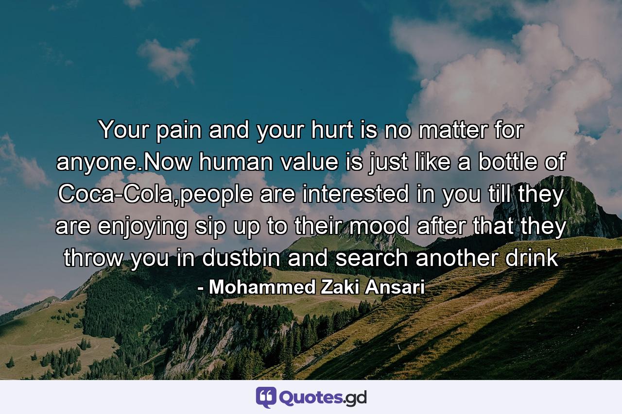 Your pain and your hurt is no matter for anyone.Now human value is just like a bottle of Coca-Cola,people are interested in you till they are enjoying sip up to their mood after that they throw you in dustbin and search another drink - Quote by Mohammed Zaki Ansari