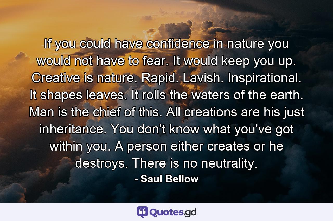 If you could have confidence in nature you would not have to fear. It would keep you up. Creative is nature. Rapid. Lavish. Inspirational. It shapes leaves. It rolls the waters of the earth. Man is the chief of this. All creations are his just inheritance. You don't know what you've got within you. A person either creates or he destroys. There is no neutrality. - Quote by Saul Bellow