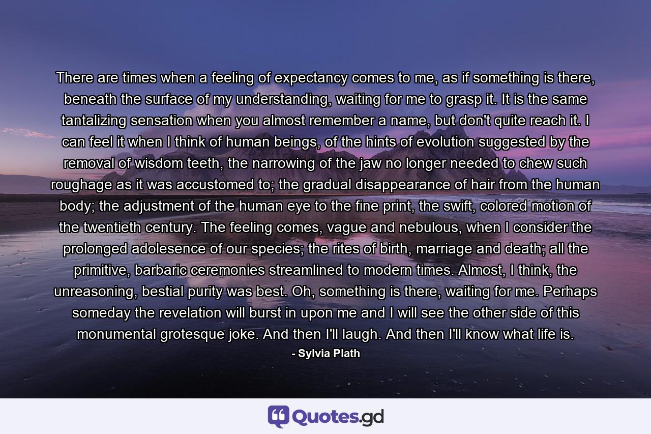 There are times when a feeling of expectancy comes to me, as if something is there, beneath the surface of my understanding, waiting for me to grasp it. It is the same tantalizing sensation when you almost remember a name, but don't quite reach it. I can feel it when I think of human beings, of the hints of evolution suggested by the removal of wisdom teeth, the narrowing of the jaw no longer needed to chew such roughage as it was accustomed to; the gradual disappearance of hair from the human body; the adjustment of the human eye to the fine print, the swift, colored motion of the twentieth century. The feeling comes, vague and nebulous, when I consider the prolonged adolesence of our species; the rites of birth, marriage and death; all the primitive, barbaric ceremonies streamlined to modern times. Almost, I think, the unreasoning, bestial purity was best. Oh, something is there, waiting for me. Perhaps someday the revelation will burst in upon me and I will see the other side of this monumental grotesque joke. And then I'll laugh. And then I'll know what life is. - Quote by Sylvia Plath