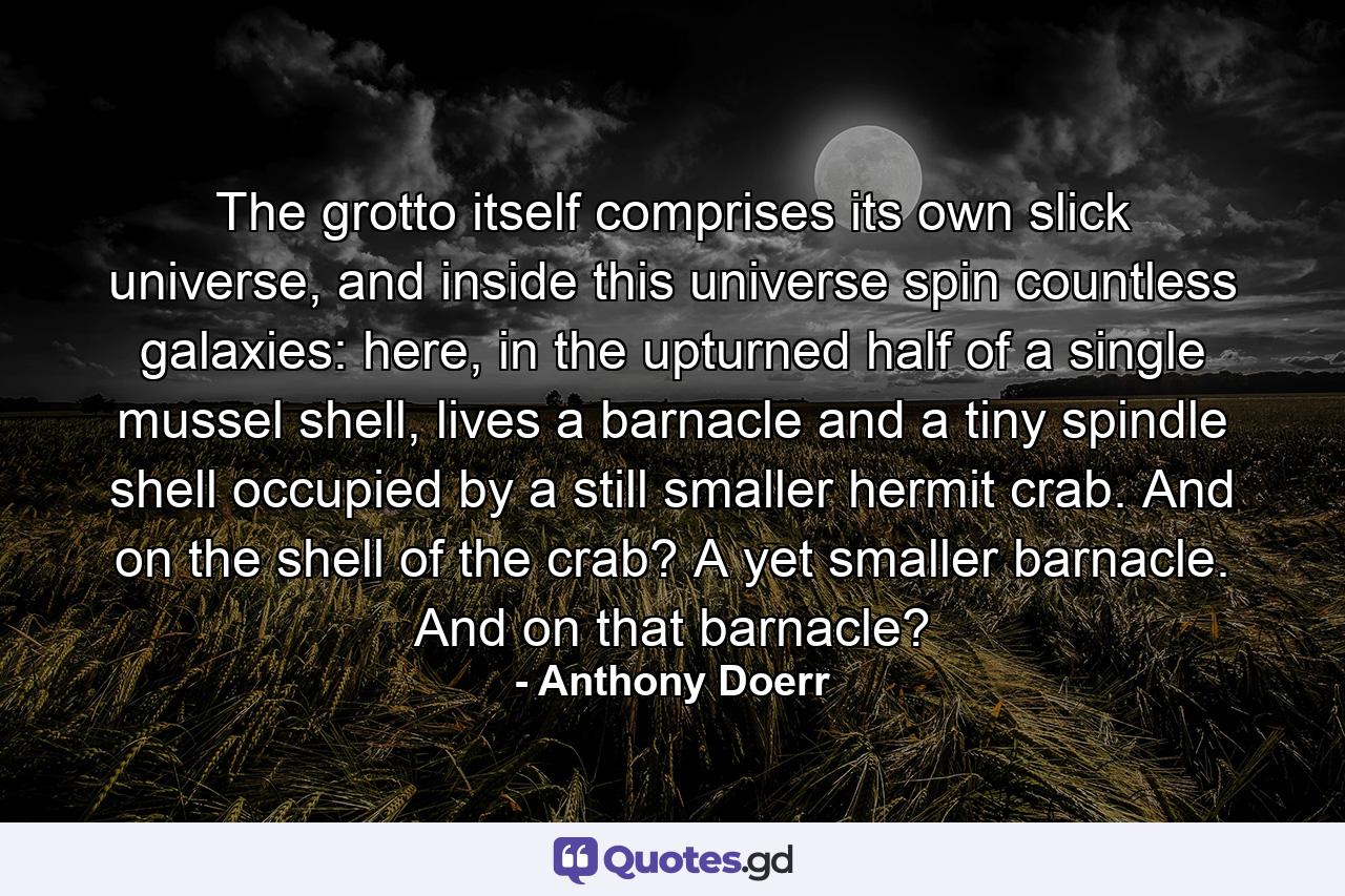 The grotto itself comprises its own slick universe, and inside this universe spin countless galaxies: here, in the upturned half of a single mussel shell, lives a barnacle and a tiny spindle shell occupied by a still smaller hermit crab. And on the shell of the crab? A yet smaller barnacle. And on that barnacle? - Quote by Anthony Doerr