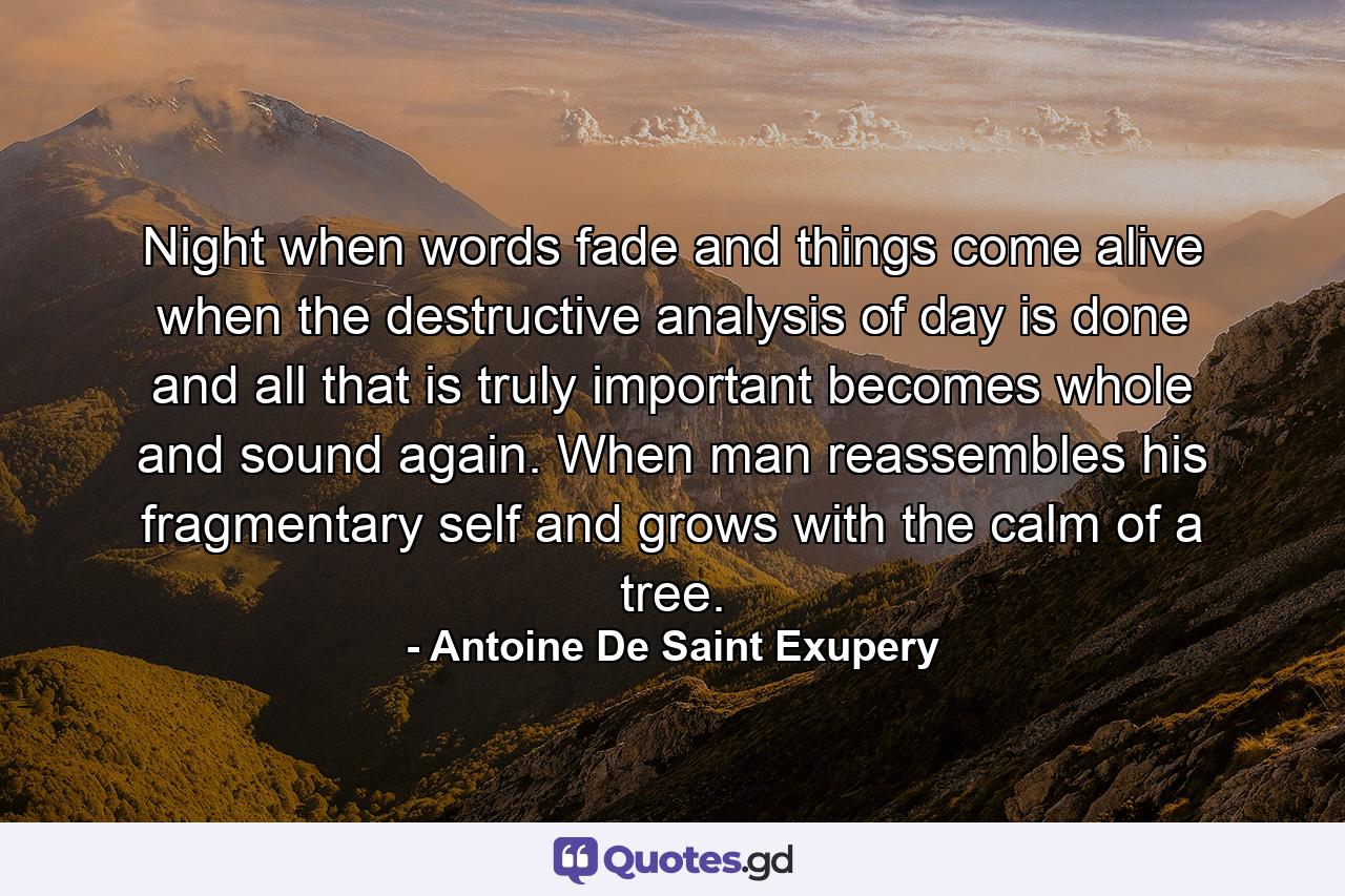 Night  when words fade and things come alive  when the destructive analysis of day is done  and all that is truly important becomes whole and sound again. When man reassembles his fragmentary self and grows with the calm of a tree. - Quote by Antoine De Saint Exupery