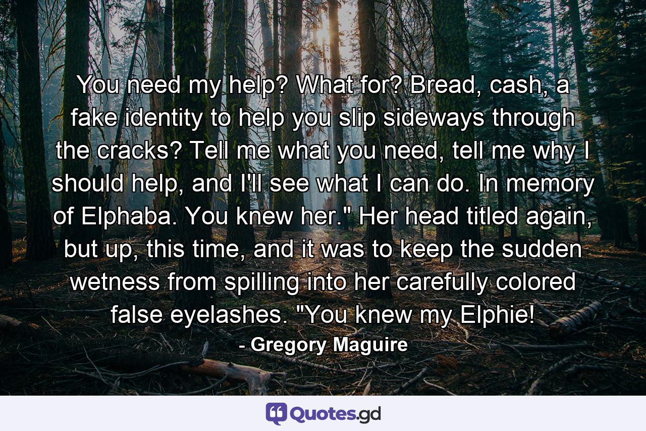 You need my help? What for? Bread, cash, a fake identity to help you slip sideways through the cracks? Tell me what you need, tell me why I should help, and I'll see what I can do. In memory of Elphaba. You knew her.