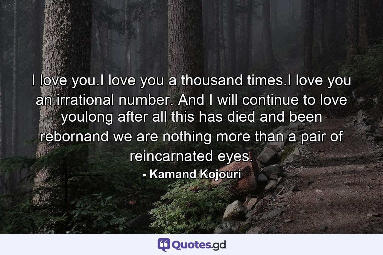 I love you.I love you a thousand times.I love you an irrational number. And I will continue to love youlong after all this has died and been rebornand we are nothing more than a pair of reincarnated eyes. - Quote by Kamand Kojouri