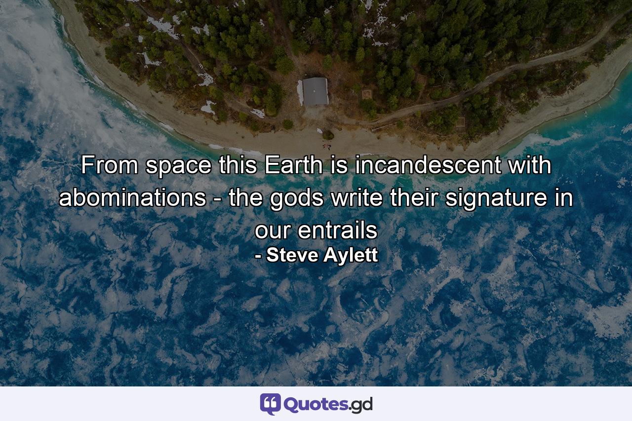 From space this Earth is incandescent with abominations - the gods write their signature in our entrails - Quote by Steve Aylett