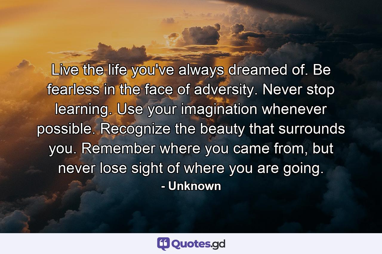 Live the life you've always dreamed of. Be fearless in the face of adversity. Never stop learning. Use your imagination whenever possible. Recognize the beauty that surrounds you. Remember where you came from, but never lose sight of where you are going. - Quote by Unknown