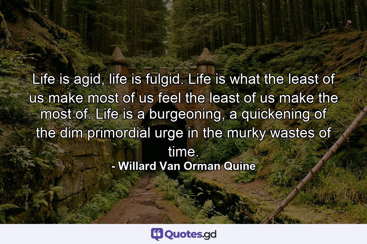 Life is agid, life is fulgid. Life is what the least of us make most of us feel the least of us make the most of. Life is a burgeoning, a quickening of the dim primordial urge in the murky wastes of time. - Quote by Willard Van Orman Quine