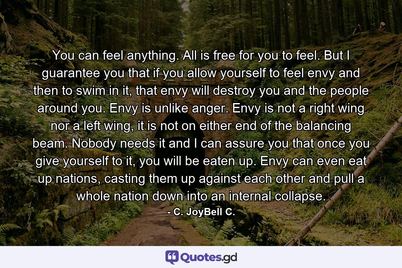 You can feel anything. All is free for you to feel. But I guarantee you that if you allow yourself to feel envy and then to swim in it, that envy will destroy you and the people around you. Envy is unlike anger. Envy is not a right wing nor a left wing, it is not on either end of the balancing beam. Nobody needs it and I can assure you that once you give yourself to it, you will be eaten up. Envy can even eat up nations, casting them up against each other and pull a whole nation down into an internal collapse. - Quote by C. JoyBell C.