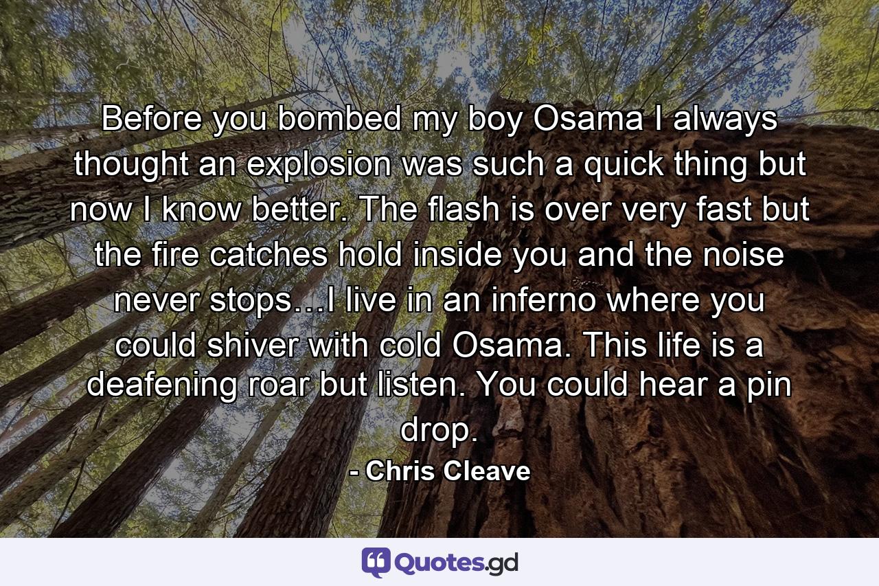 Before you bombed my boy Osama I always thought an explosion was such a quick thing but now I know better. The flash is over very fast but the fire catches hold inside you and the noise never stops…I live in an inferno where you could shiver with cold Osama. This life is a deafening roar but listen. You could hear a pin drop. - Quote by Chris Cleave