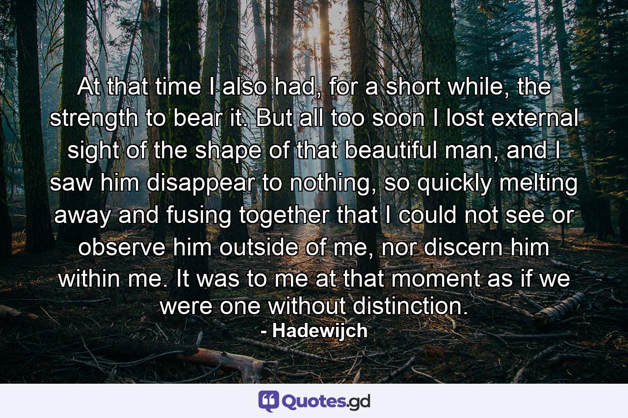 At that time I also had, for a short while, the strength to bear it. But all too soon I lost external sight of the shape of that beautiful man, and I saw him disappear to nothing, so quickly melting away and fusing together that I could not see or observe him outside of me, nor discern him within me. It was to me at that moment as if we were one without distinction. - Quote by Hadewijch