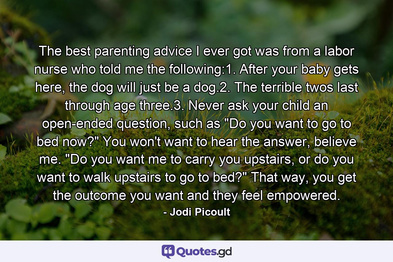 The best parenting advice I ever got was from a labor nurse who told me the following:1. After your baby gets here, the dog will just be a dog.2. The terrible twos last through age three.3. Never ask your child an open-ended question, such as 