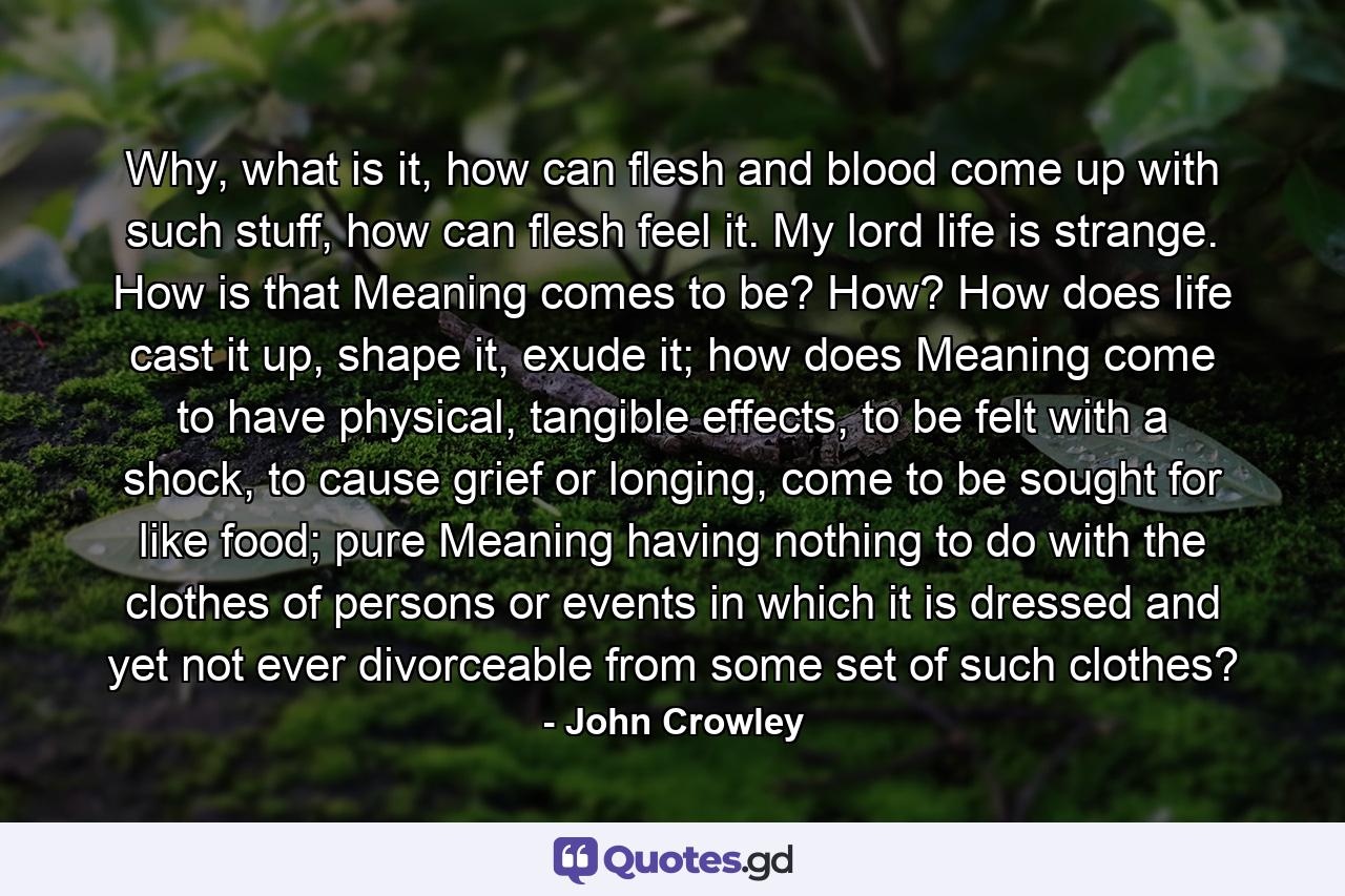 Why, what is it, how can flesh and blood come up with such stuff, how can flesh feel it. My lord life is strange. How is that Meaning comes to be? How? How does life cast it up, shape it, exude it; how does Meaning come to have physical, tangible effects, to be felt with a shock, to cause grief or longing, come to be sought for like food; pure Meaning having nothing to do with the clothes of persons or events in which it is dressed and yet not ever divorceable from some set of such clothes? - Quote by John Crowley