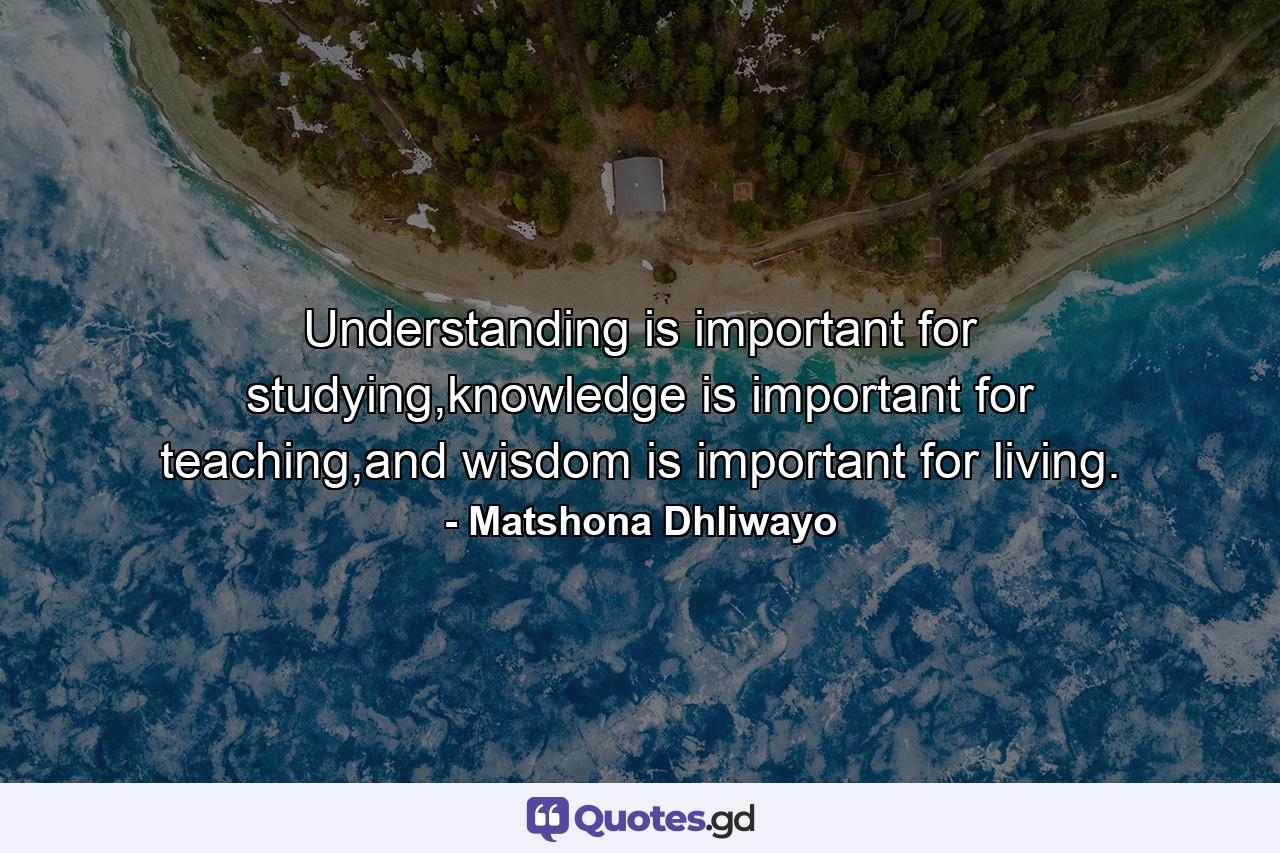 Understanding is important for studying,knowledge is important for teaching,and wisdom is important for living. - Quote by Matshona Dhliwayo