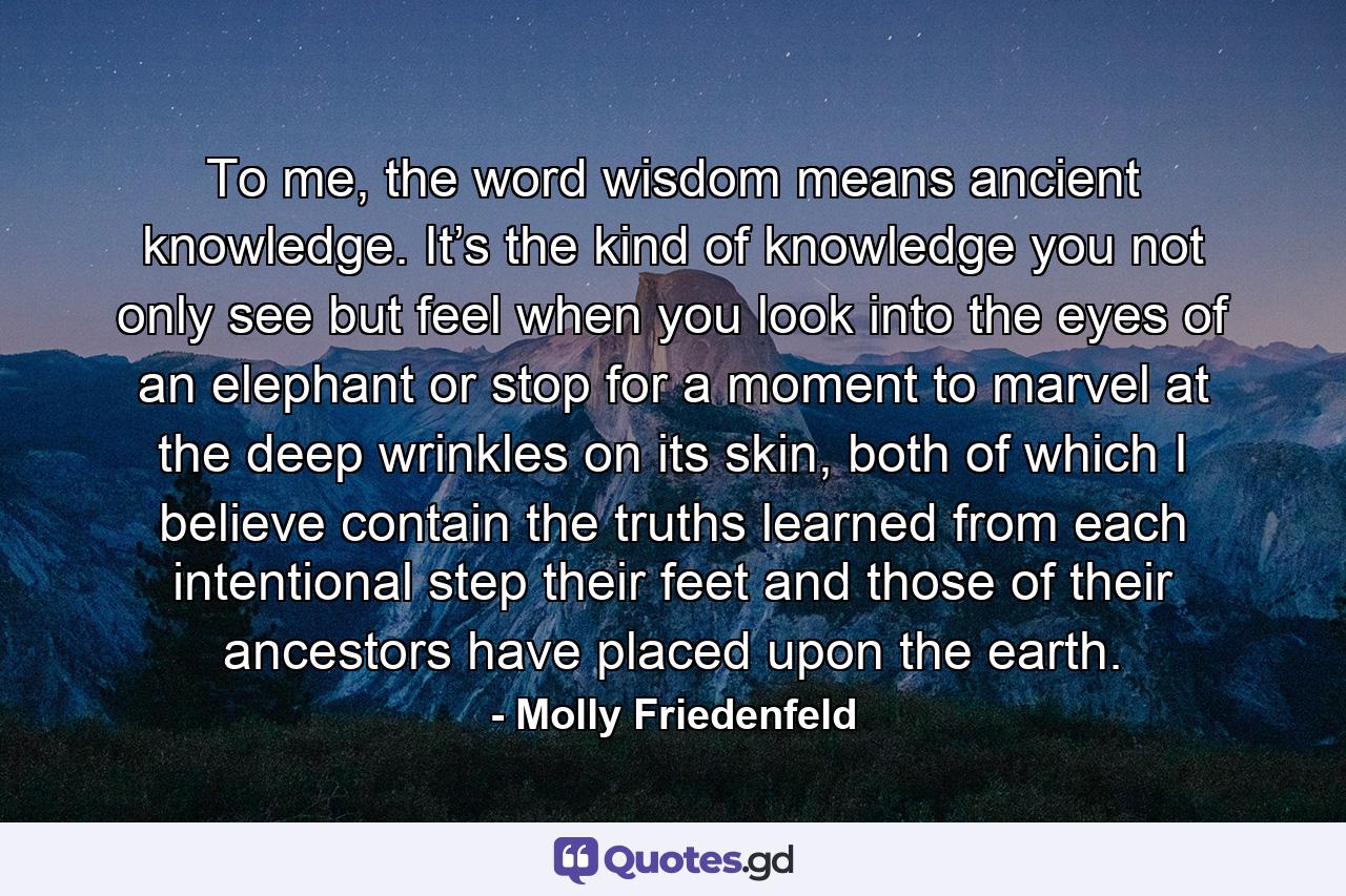 To me, the word wisdom means ancient knowledge. It’s the kind of knowledge you not only see but feel when you look into the eyes of an elephant or stop for a moment to marvel at the deep wrinkles on its skin, both of which I believe contain the truths learned from each intentional step their feet and those of their ancestors have placed upon the earth. - Quote by Molly Friedenfeld