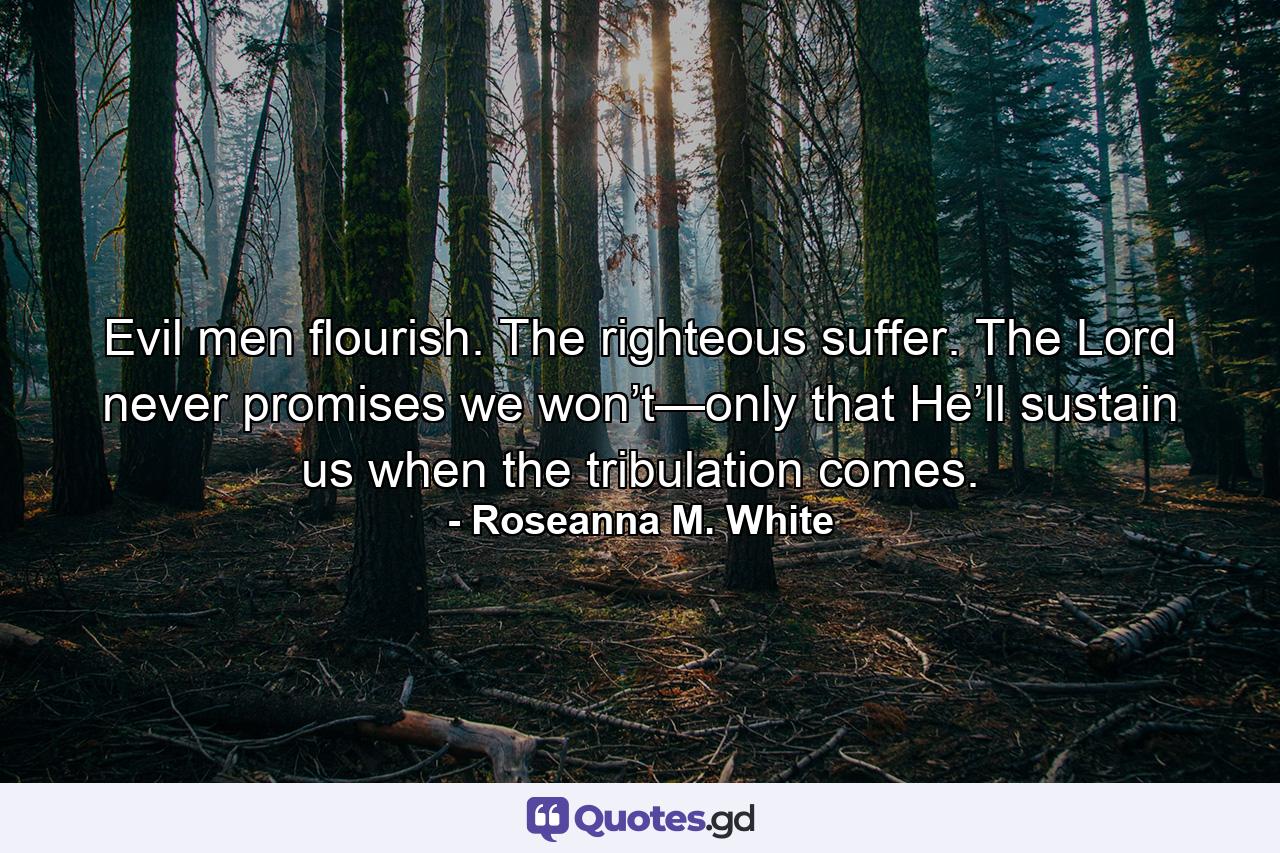 Evil men flourish. The righteous suffer. The Lord never promises we won’t—only that He’ll sustain us when the tribulation comes. - Quote by Roseanna M. White