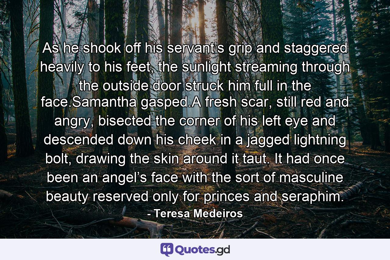 As he shook off his servant’s grip and staggered heavily to his feet, the sunlight streaming through the outside door struck him full in the face.Samantha gasped.A fresh scar, still red and angry, bisected the corner of his left eye and descended down his cheek in a jagged lightning bolt, drawing the skin around it taut. It had once been an angel’s face with the sort of masculine beauty reserved only for princes and seraphim. - Quote by Teresa Medeiros