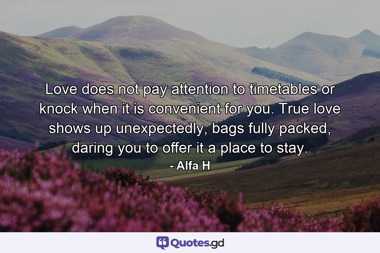 Love does not pay attention to timetables or knock when it is convenient for you. True love shows up unexpectedly, bags fully packed, daring you to offer it a place to stay. - Quote by Alfa H