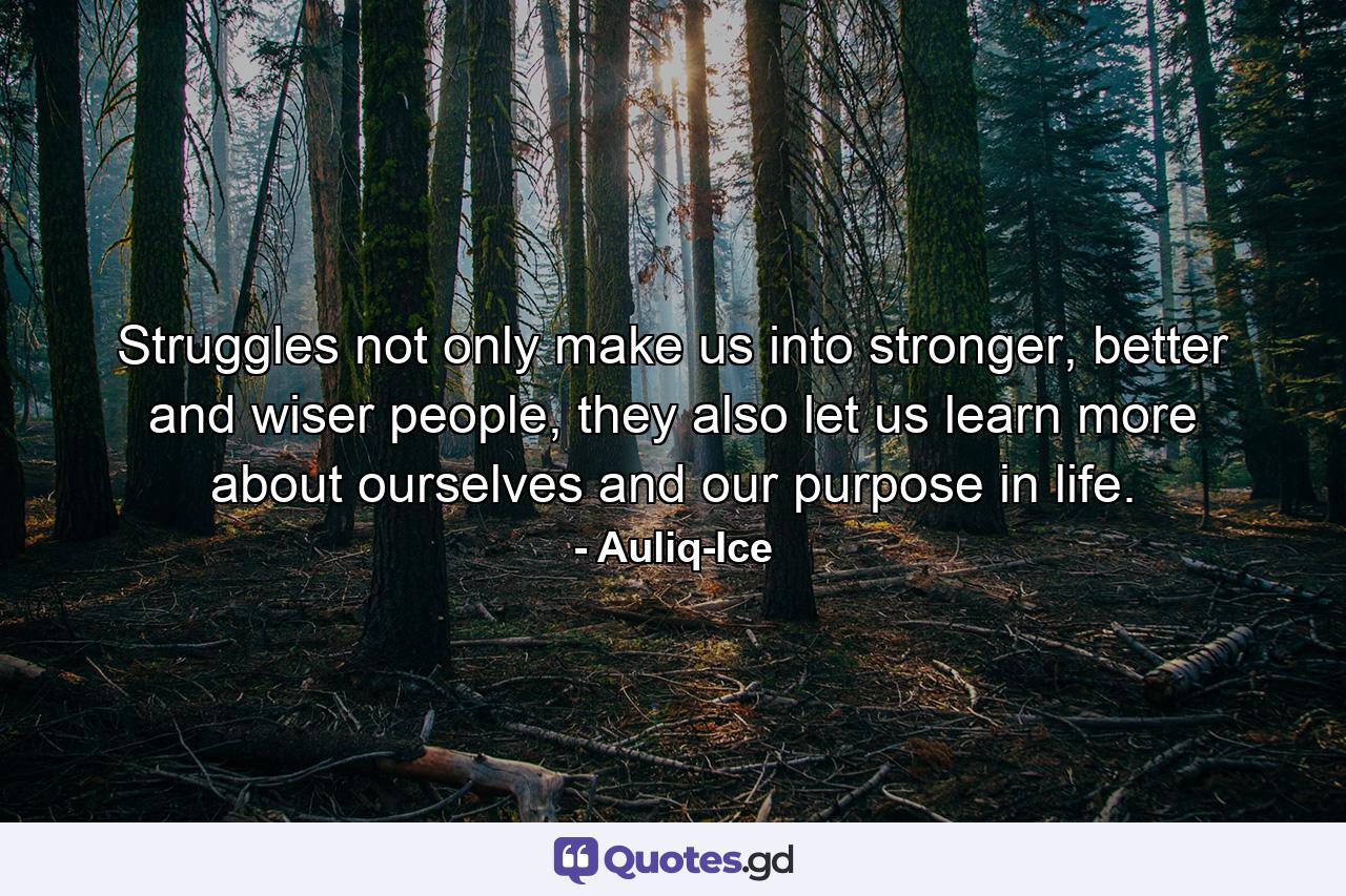 Struggles not only make us into stronger, better and wiser people, they also let us learn more about ourselves and our purpose in life. - Quote by Auliq-Ice