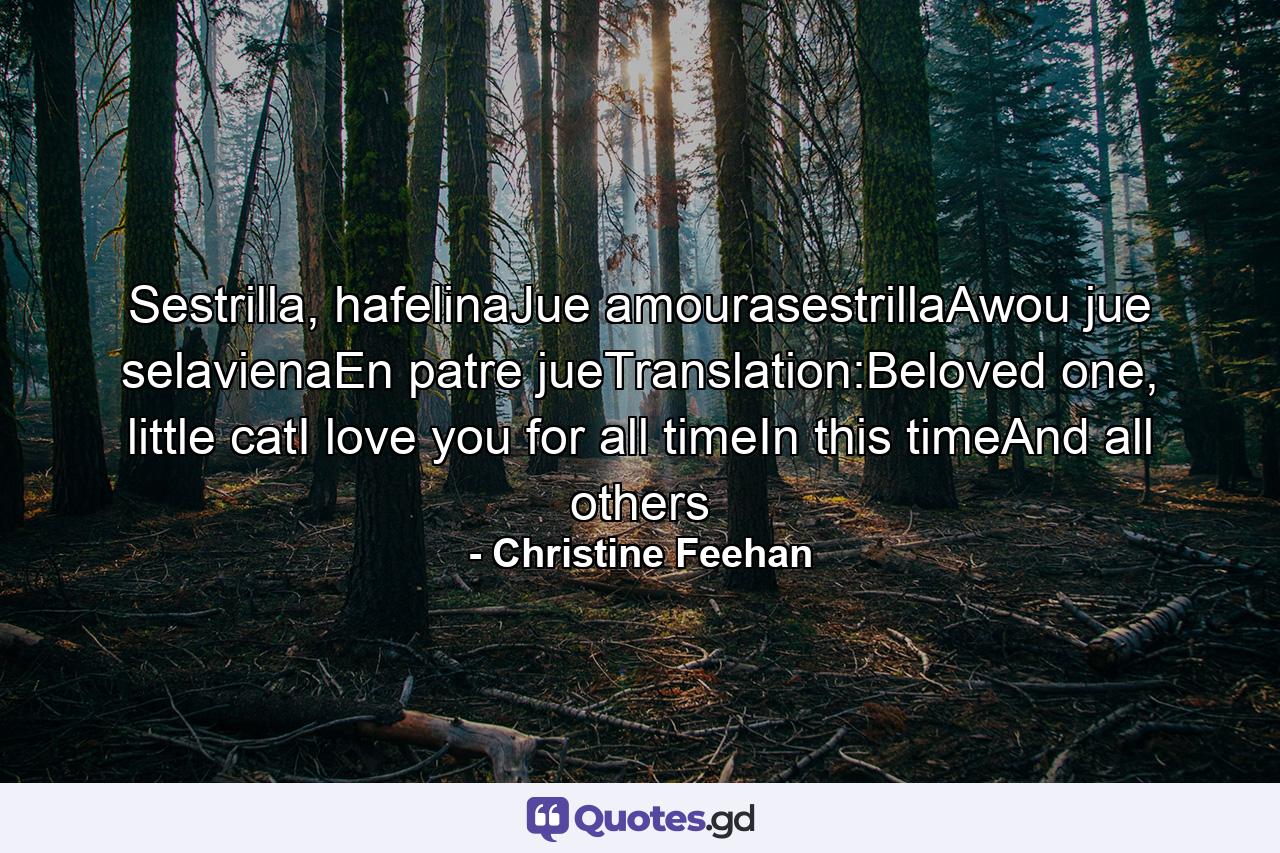 Sestrilla, hafelinaJue amourasestrillaAwou jue selavienaEn patre jueTranslation:Beloved one, little catI love you for all timeIn this timeAnd all others - Quote by Christine Feehan