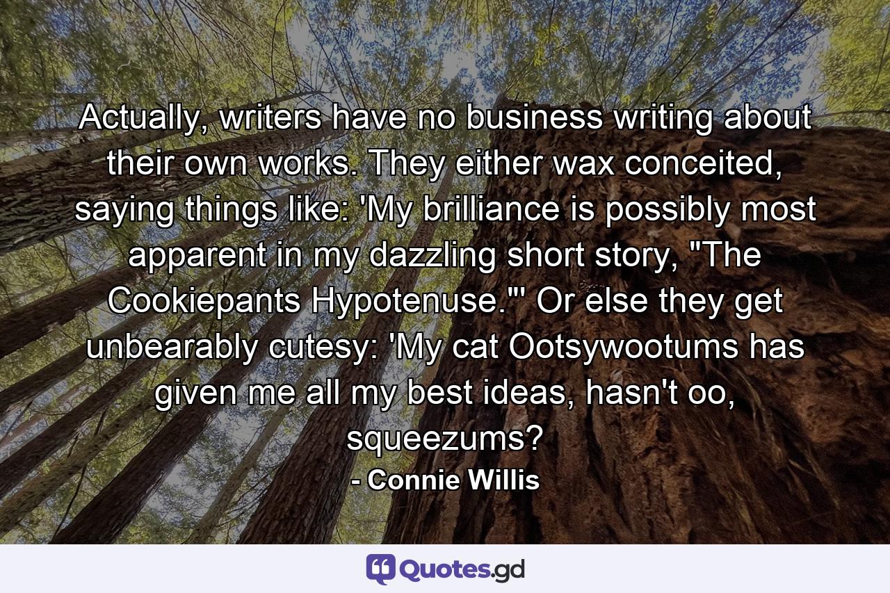 Actually, writers have no business writing about their own works. They either wax conceited, saying things like: 'My brilliance is possibly most apparent in my dazzling short story, 