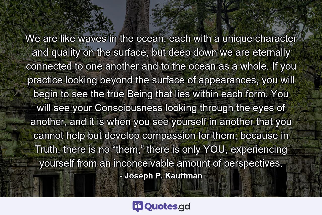 We are like waves in the ocean, each with a unique character and quality on the surface, but deep down we are eternally connected to one another and to the ocean as a whole. If you practice looking beyond the surface of appearances, you will begin to see the true Being that lies within each form. You will see your Consciousness looking through the eyes of another, and it is when you see yourself in another that you cannot help but develop compassion for them; because in Truth, there is no “them,” there is only YOU, experiencing yourself from an inconceivable amount of perspectives. - Quote by Joseph P. Kauffman