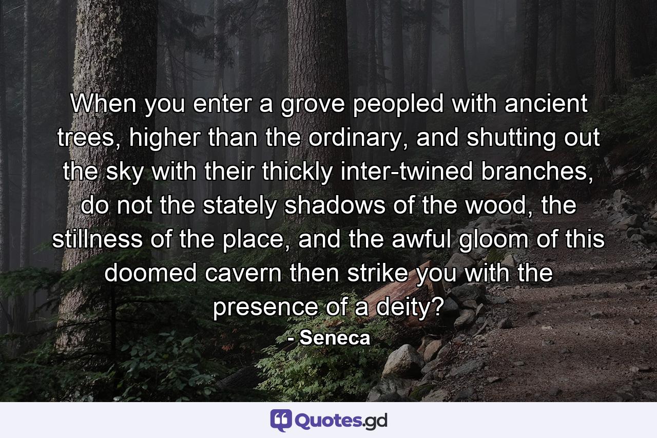 When you enter a grove peopled with ancient trees, higher than the ordinary, and shutting out the sky with their thickly inter-twined branches, do not the stately shadows of the wood, the stillness of the place, and the awful gloom of this doomed cavern then strike you with the presence of a deity? - Quote by Seneca