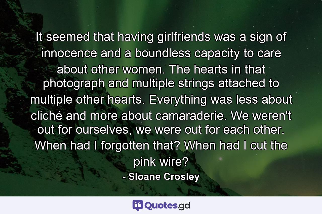 It seemed that having girlfriends was a sign of innocence and a boundless capacity to care about other women. The hearts in that photograph and multiple strings attached to multiple other hearts. Everything was less about cliché and more about camaraderie. We weren't out for ourselves, we were out for each other. When had I forgotten that? When had I cut the pink wire? - Quote by Sloane Crosley