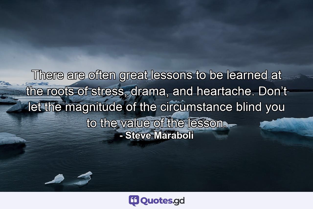 There are often great lessons to be learned at the roots of stress, drama, and heartache. Don’t let the magnitude of the circumstance blind you to the value of the lesson. - Quote by Steve Maraboli