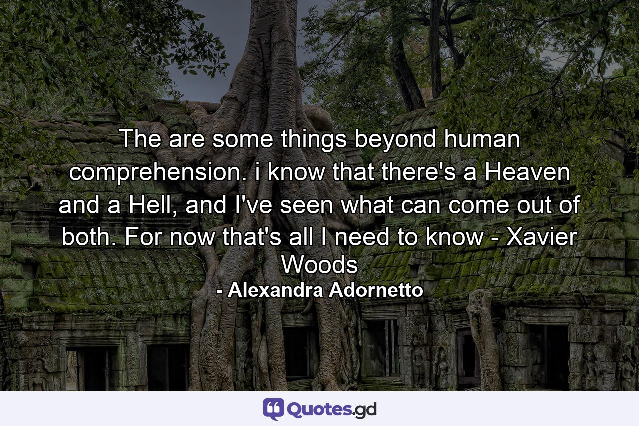 The are some things beyond human comprehension. i know that there's a Heaven and a Hell, and I've seen what can come out of both. For now that's all I need to know - Xavier Woods - Quote by Alexandra Adornetto