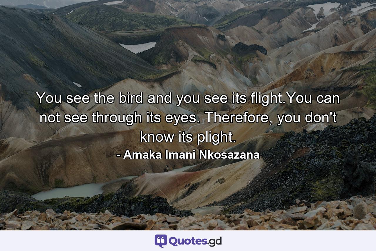 You see the bird and you see its flight.You can not see through its eyes. Therefore, you don't know its plight. - Quote by Amaka Imani Nkosazana