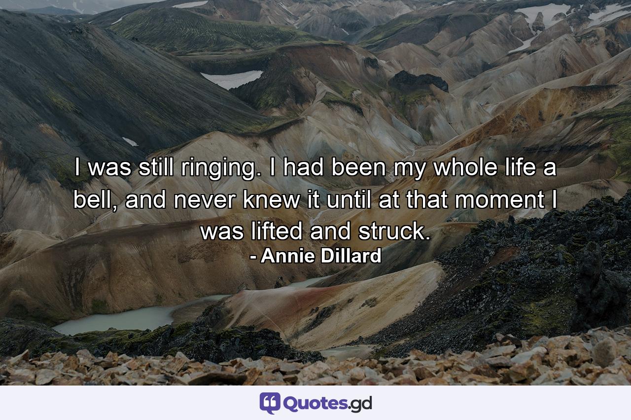 I was still ringing. I had been my whole life a bell, and never knew it until at that moment I was lifted and struck. - Quote by Annie Dillard