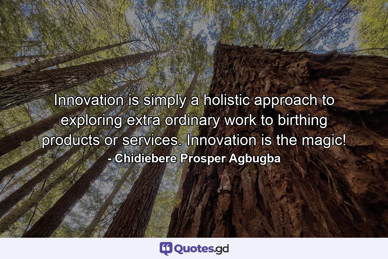 Innovation is simply a holistic approach to exploring extra ordinary work to birthing products or services. Innovation is the magic! - Quote by Chidiebere Prosper Agbugba