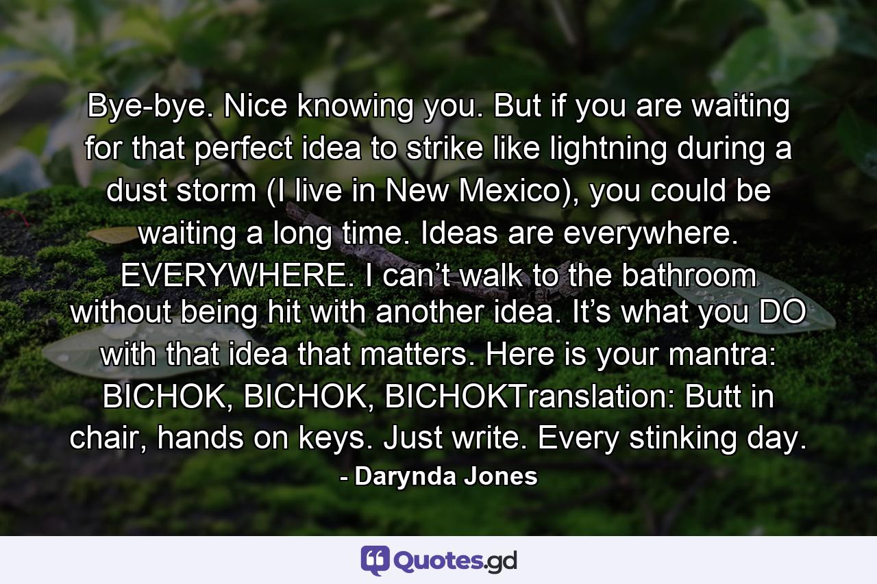 Bye-bye. Nice knowing you. But if you are waiting for that perfect idea to strike like lightning during a dust storm (I live in New Mexico), you could be waiting a long time. Ideas are everywhere. EVERYWHERE. I can’t walk to the bathroom without being hit with another idea. It’s what you DO with that idea that matters. Here is your mantra: BICHOK, BICHOK, BICHOKTranslation: Butt in chair, hands on keys. Just write. Every stinking day. - Quote by Darynda Jones