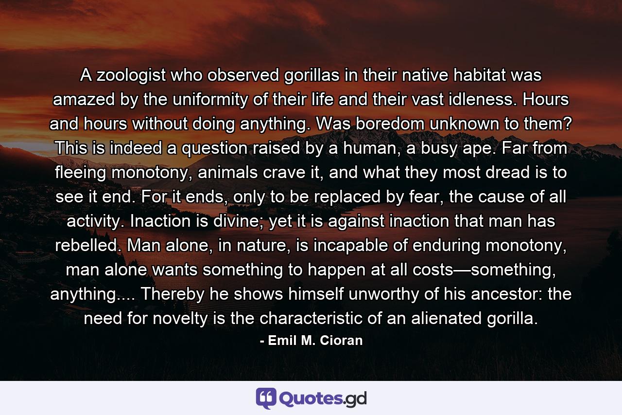 A zoologist who observed gorillas in their native habitat was amazed by the uniformity of their life and their vast idleness. Hours and hours without doing anything. Was boredom unknown to them? This is indeed a question raised by a human, a busy ape. Far from fleeing monotony, animals crave it, and what they most dread is to see it end. For it ends, only to be replaced by fear, the cause of all activity. Inaction is divine; yet it is against inaction that man has rebelled. Man alone, in nature, is incapable of enduring monotony, man alone wants something to happen at all costs—something, anything.... Thereby he shows himself unworthy of his ancestor: the need for novelty is the characteristic of an alienated gorilla. - Quote by Emil M. Cioran