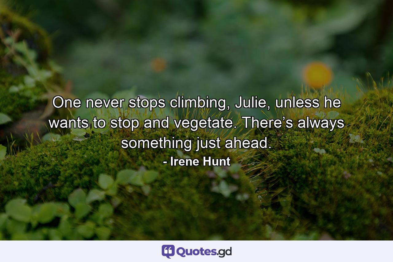 One never stops climbing, Julie, unless he wants to stop and vegetate. There’s always something just ahead. - Quote by Irene Hunt