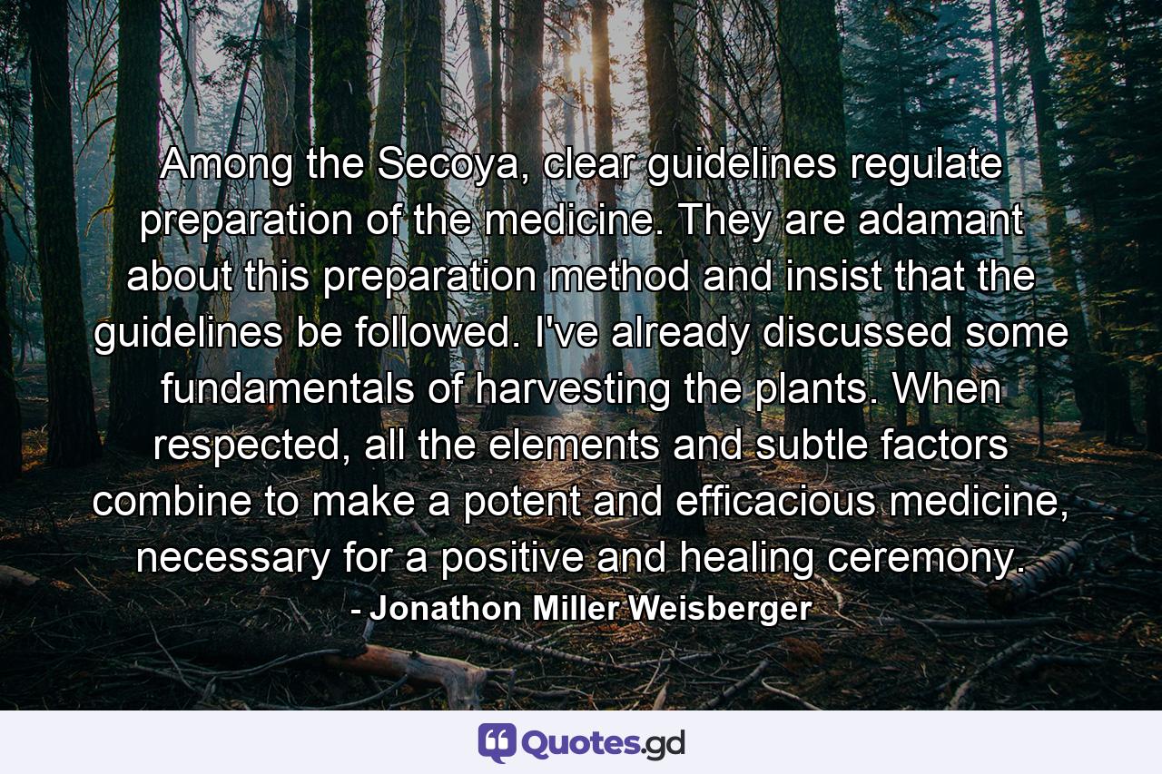 Among the Secoya, clear guidelines regulate preparation of the medicine. They are adamant about this preparation method and insist that the guidelines be followed. I've already discussed some fundamentals of harvesting the plants. When respected, all the elements and subtle factors combine to make a potent and efficacious medicine, necessary for a positive and healing ceremony. - Quote by Jonathon Miller Weisberger