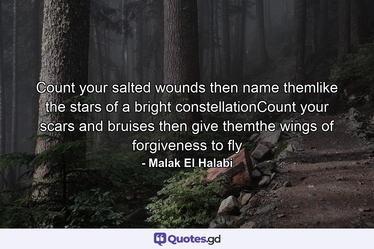 Count your salted wounds then name themlike the stars of a bright constellationCount your scars and bruises then give themthe wings of forgiveness to fly - Quote by Malak El Halabi