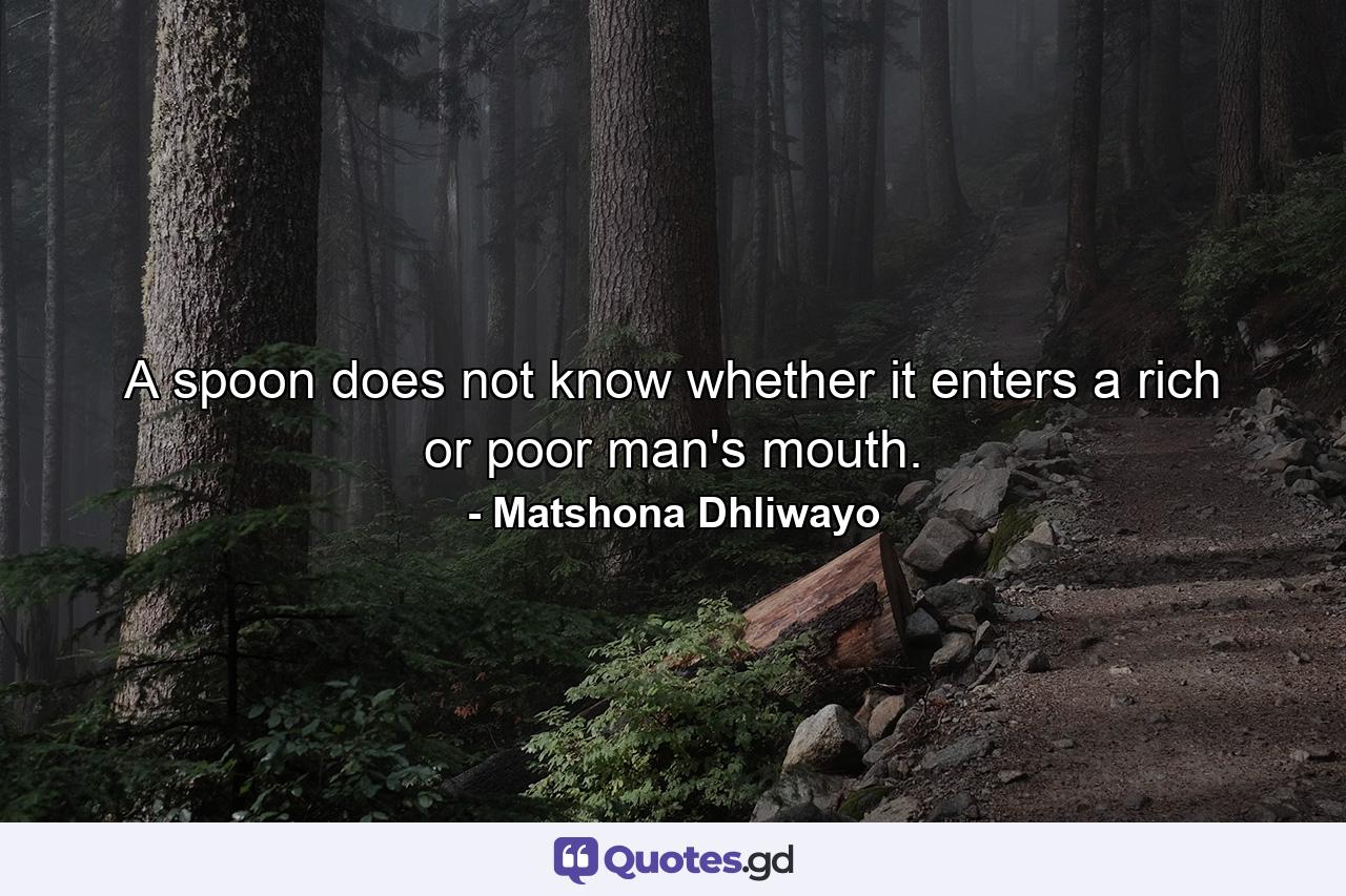 A spoon does not know whether it enters a rich or poor man's mouth. - Quote by Matshona Dhliwayo