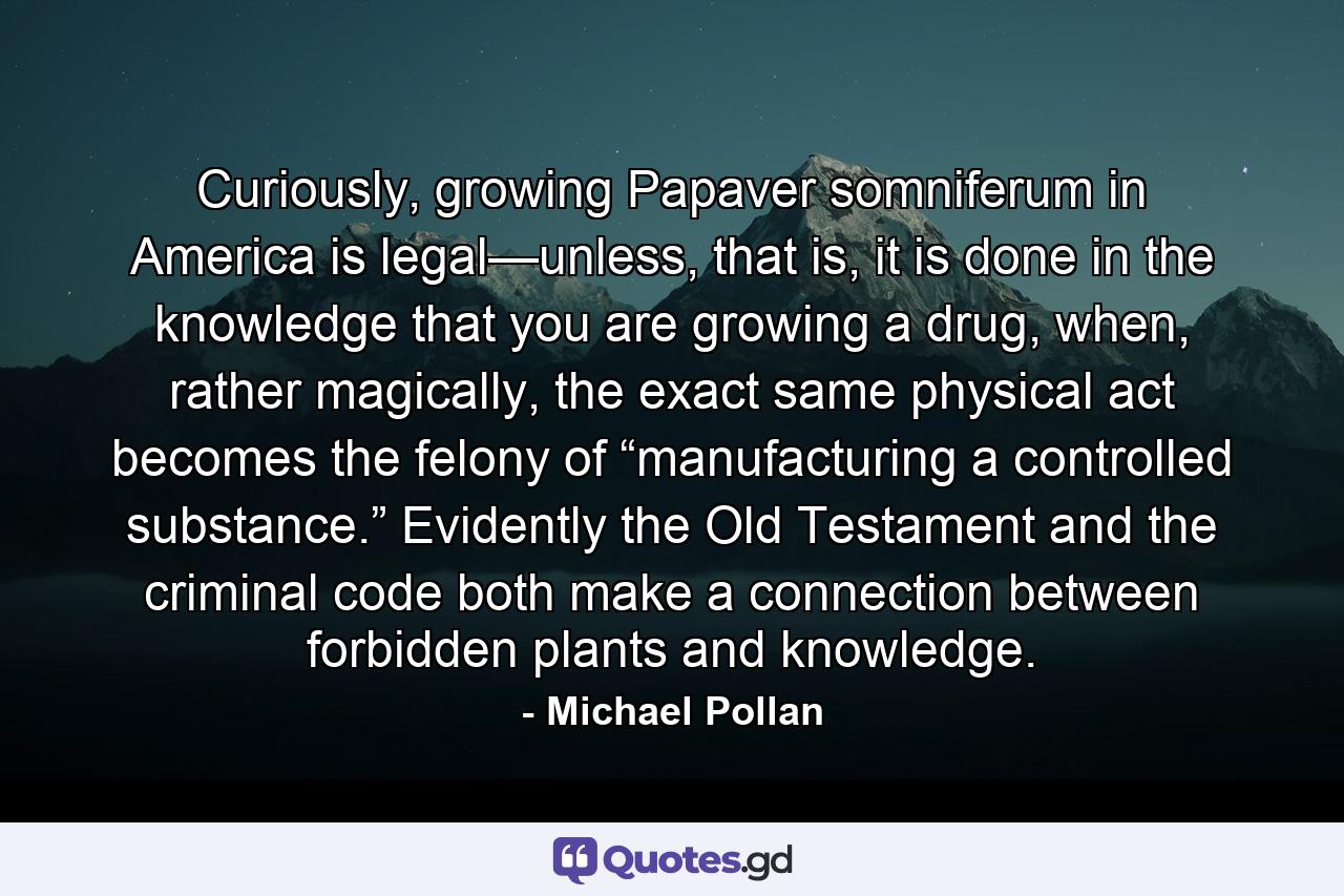 Curiously, growing Papaver somniferum in America is legal—unless, that is, it is done in the knowledge that you are growing a drug, when, rather magically, the exact same physical act becomes the felony of “manufacturing a controlled substance.” Evidently the Old Testament and the criminal code both make a connection between forbidden plants and knowledge. - Quote by Michael Pollan