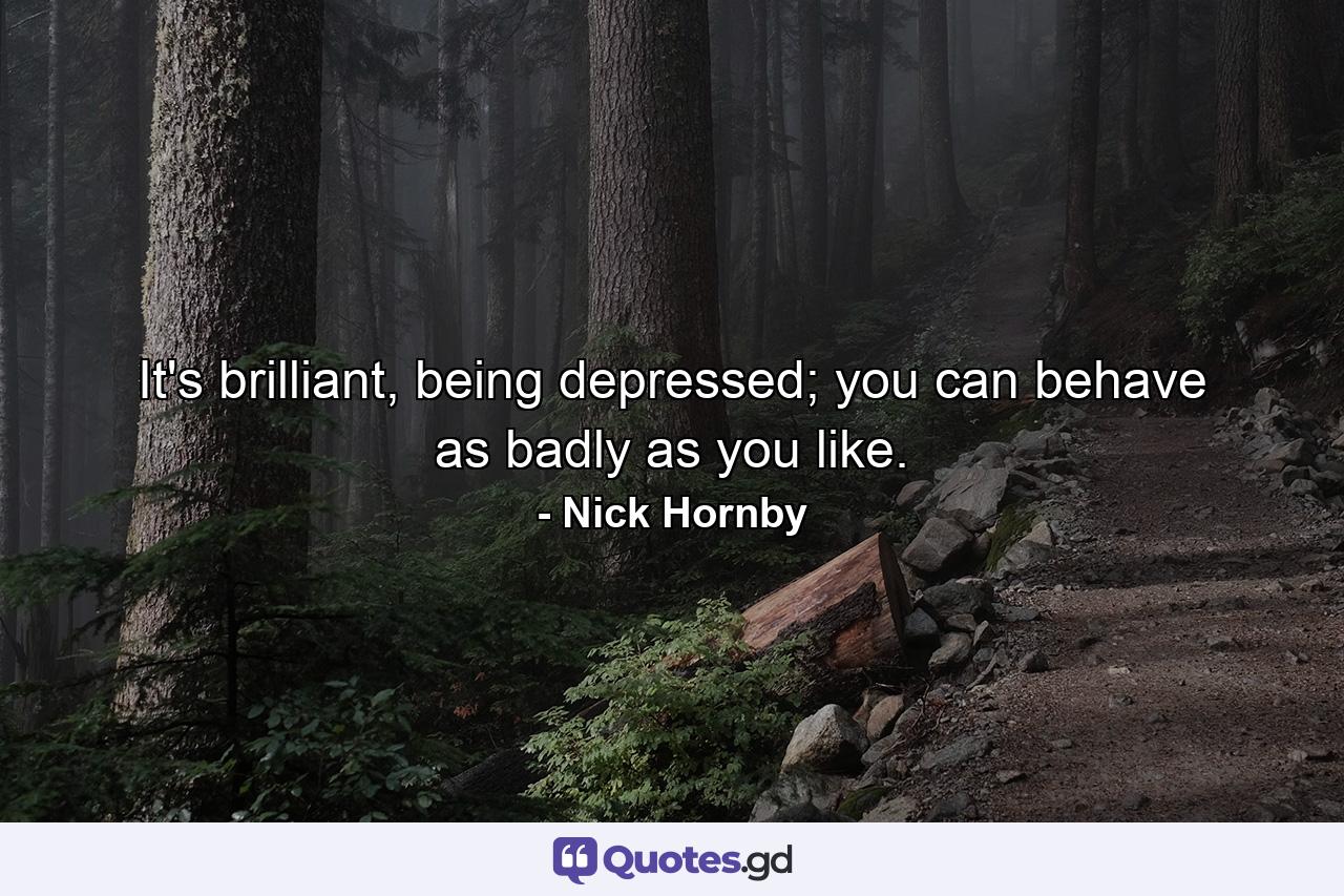 It's brilliant, being depressed; you can behave as badly as you like. - Quote by Nick Hornby