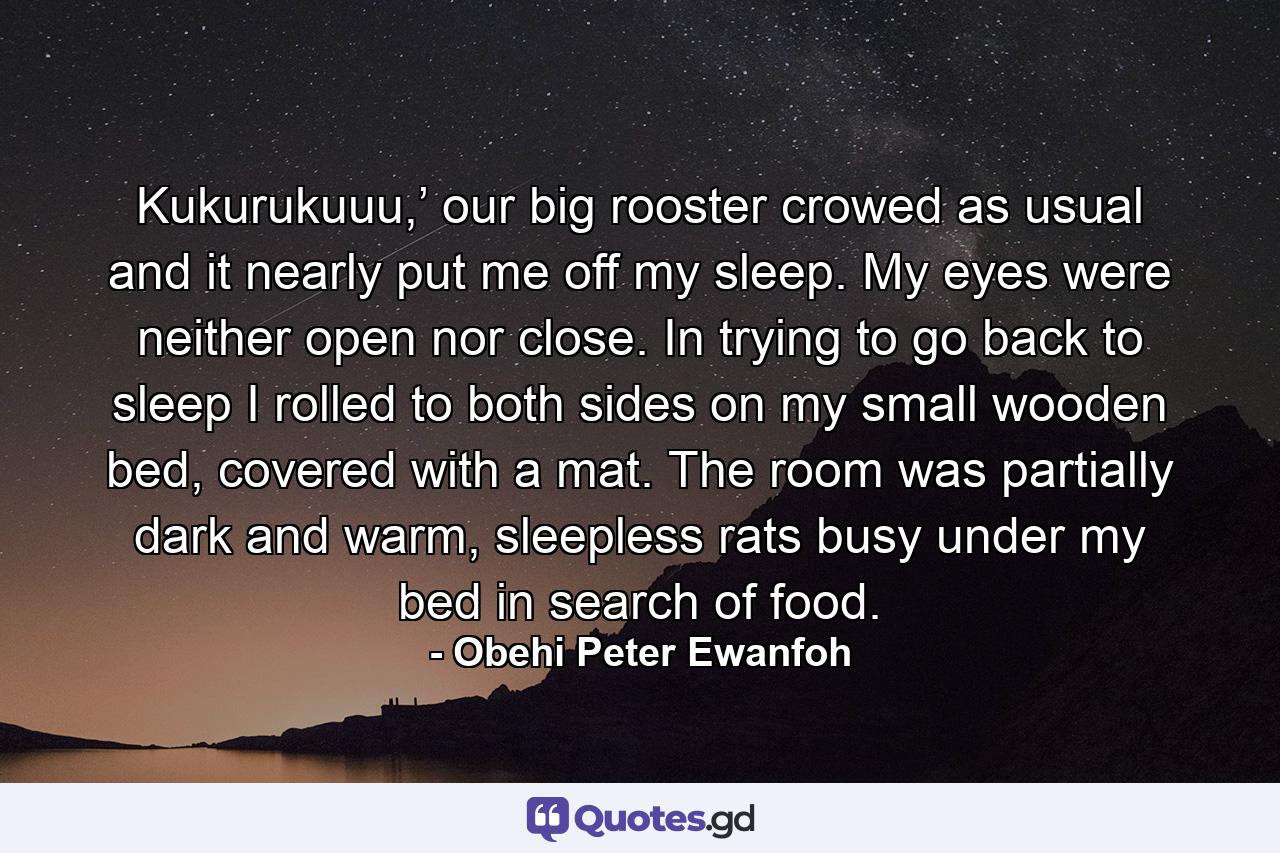 Kukurukuuu,’ our big rooster crowed as usual and it nearly put me off my sleep. My eyes were neither open nor close. In trying to go back to sleep I rolled to both sides on my small wooden bed, covered with a mat. The room was partially dark and warm, sleepless rats busy under my bed in search of food. - Quote by Obehi Peter Ewanfoh