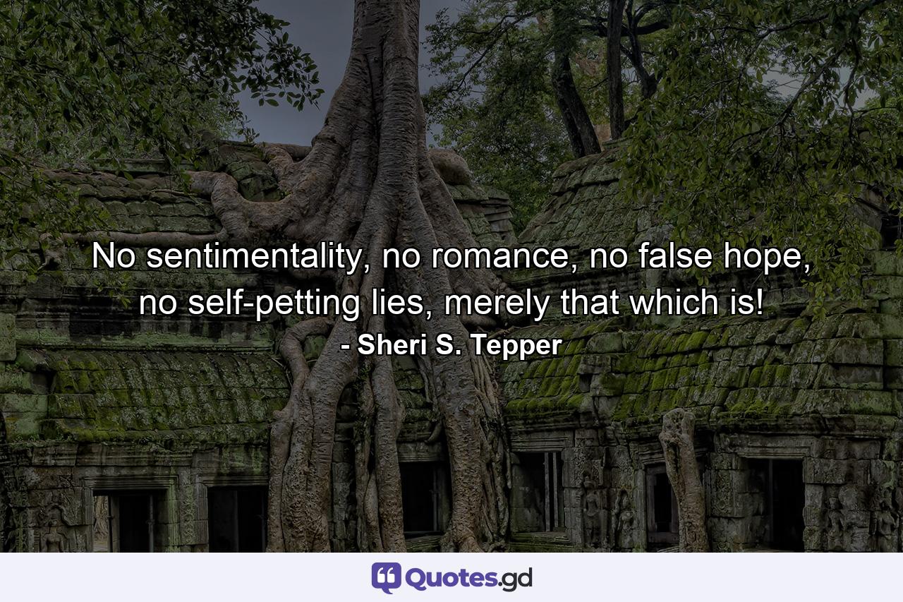 No sentimentality, no romance, no false hope, no self-petting lies, merely that which is! - Quote by Sheri S. Tepper