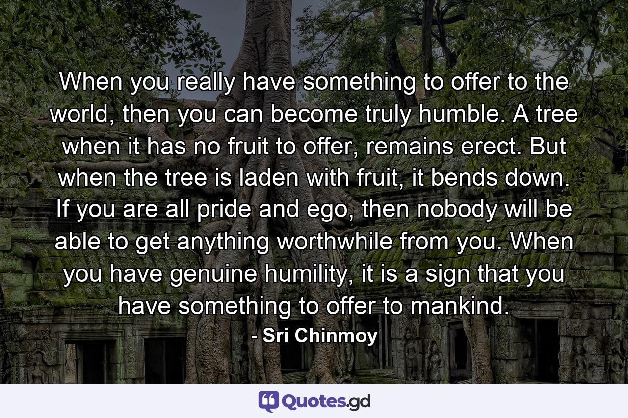 When you really have something to offer to the world, then you can become truly humble. A tree when it has no fruit to offer, remains erect. But when the tree is laden with fruit, it bends down. If you are all pride and ego, then nobody will be able to get anything worthwhile from you. When you have genuine humility, it is a sign that you have something to offer to mankind. - Quote by Sri Chinmoy